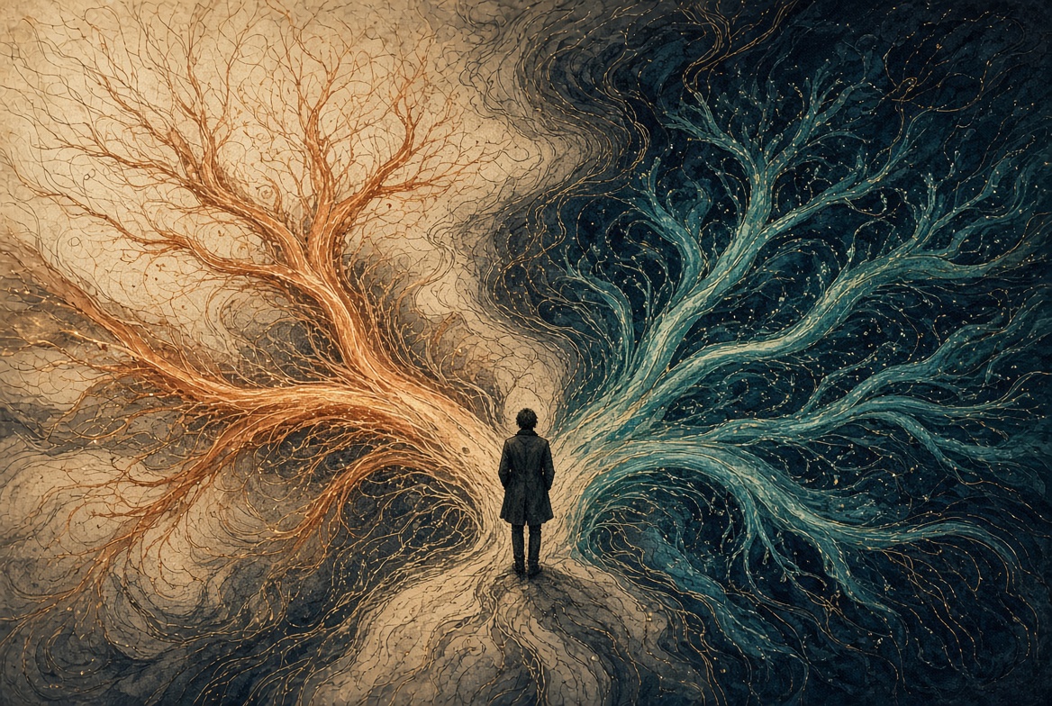 A figure standing between two branching pathways, copper and teal