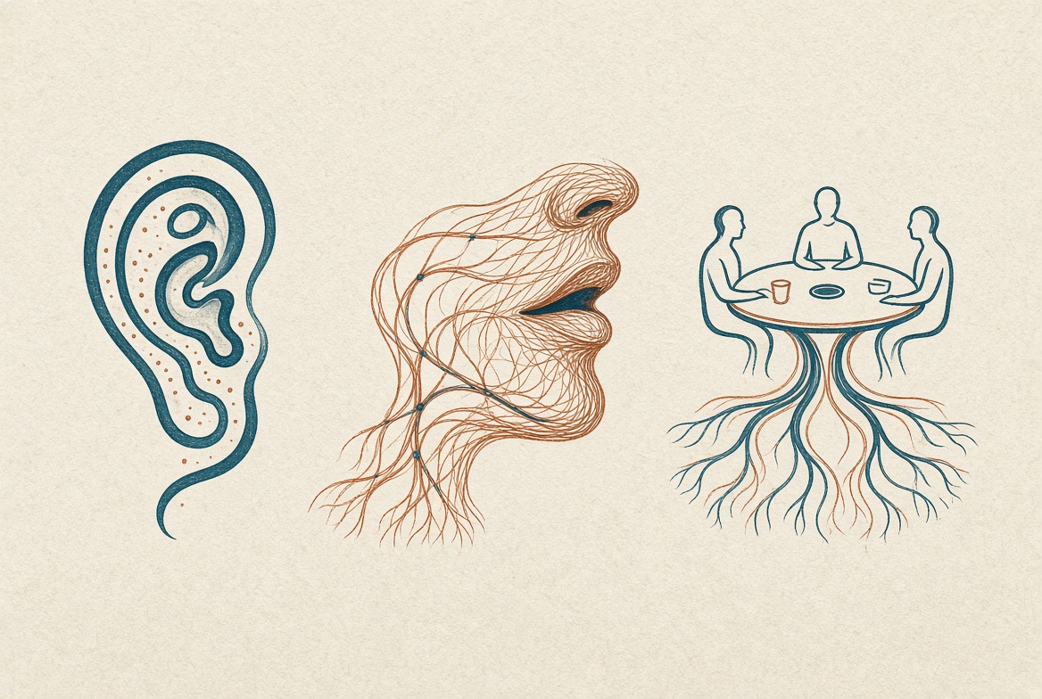 Ear, mouth, and meeting table drawn as pathways