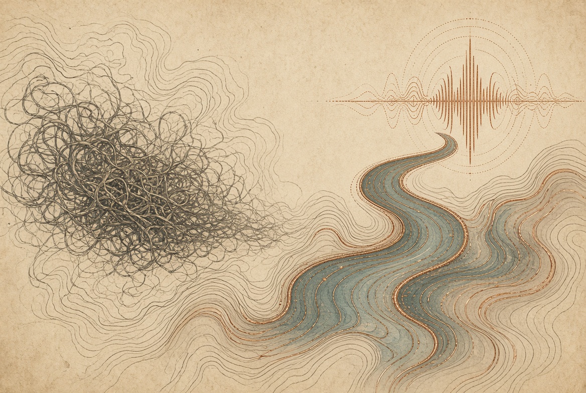Tangled lines becoming a clear path toward a sound wave